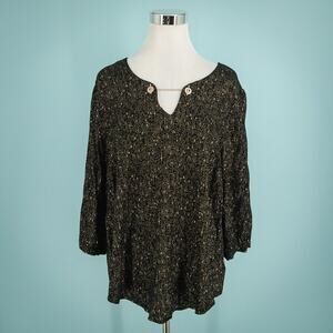 Torrid Size 2 2X Black Gold Metallic Chain Detail Crepe V Neck 3/4 Sleeve Top